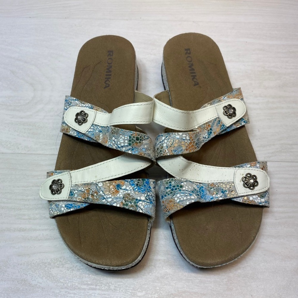 Romika Womens Size 40 Slide Sandals Floral Metallic Leather Strappy Comfort Blue
